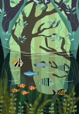 wild life drawing fish sea forest icons classical design