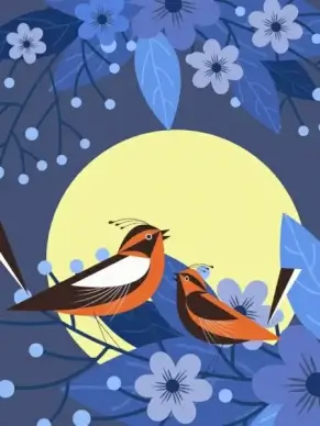 wild nature background blue flowers birds decoration