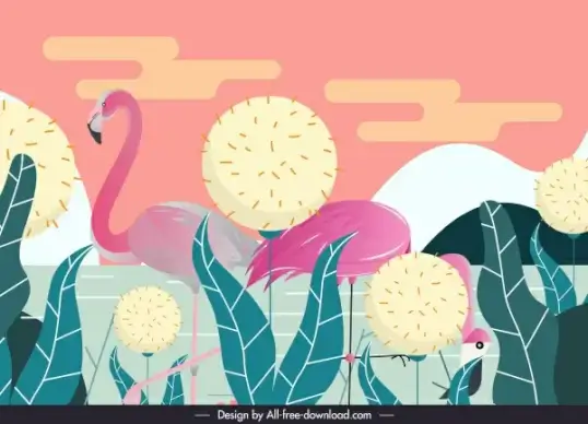 wild nature background flamingo dandelion sketch