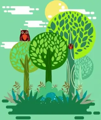 wild nature background green trees owls icons