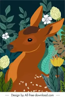 wild nature painting deer flowers leaves sketch
