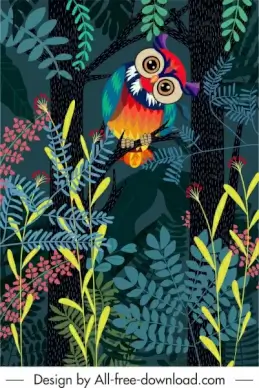wild nature painting owl jungle sketch colorful cartoon