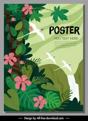 wild nature poster flying birds flowers sketch