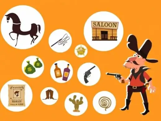 wild west cowboy design elements circle icons isolation