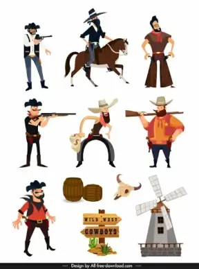 wild west design elements cartoon characters symbols sketch