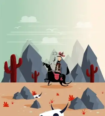 wild west drawing cowboy desert icons colored cartoon