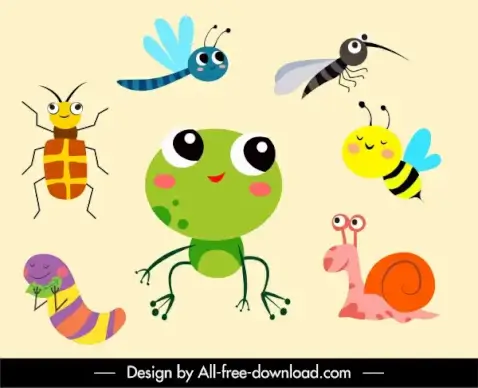 wilderness elements icons animals sketch cute cartoon characters