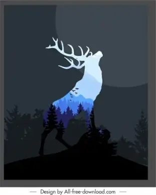 wildlife backgroud dark black blurred silhouette reindeer sketch