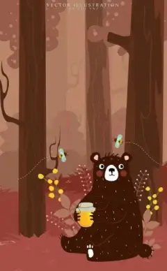wildlife background brown bear honey bees cartoon design