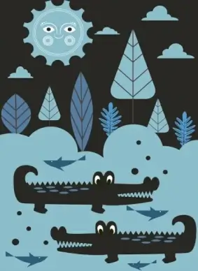 wildlife background dark colored cartoon crocodile sun icon