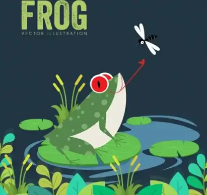 wildlife background frog dragonfly icons colored cartoon