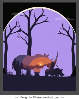 wildlife background rhino scenery sketch dark blurred silhouette