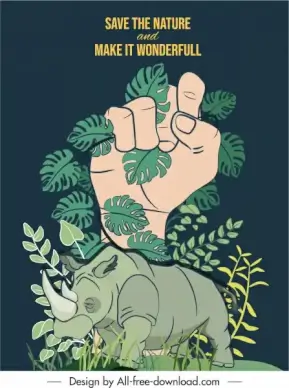 wildlife banner template rhino leaves hand sketch