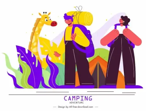wildlife camping painting hikers giraffe sketch cartoon design