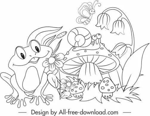 wildlife drawing cute cartoon sketch black white handdrawn