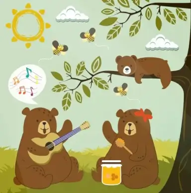wildlife drawing stylized brown bears honeybees colored cartoon