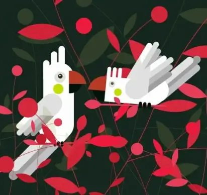 wildlife painting parrots couple tree icons classical design
