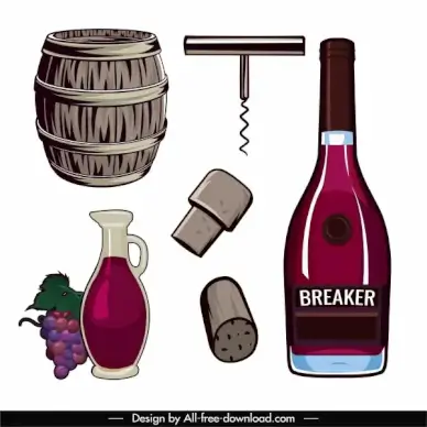 wine design elements colored retro symbols sketch
