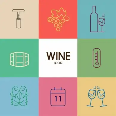 wine icons design elements flat colored sketch