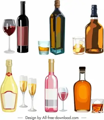 wine icons shiny colored bottles cups glasses sketch