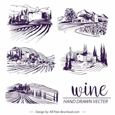 wine label decor elements vintage handdrawn countryside scene