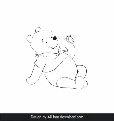 winnie the pooh cartoon character icon joyful bear sketch black white handdrawn outline  