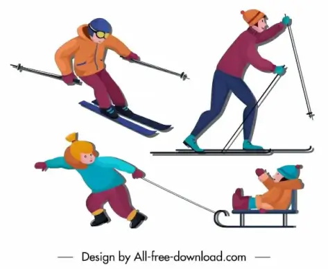 winter activities icons joyful people sketch cartoon characters