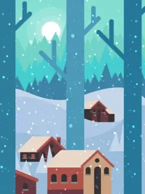 winter background houses snowfall moonlight icons decor