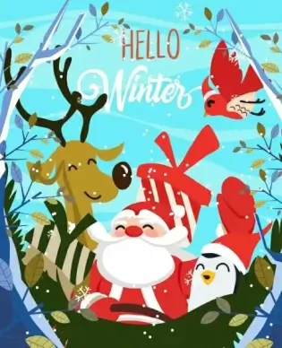winter background santa claus stylized animals icons