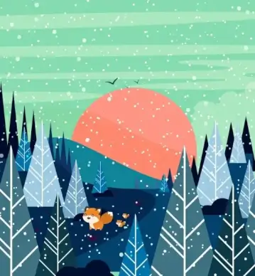 winter drawing tree snow fox icons colored cartoon