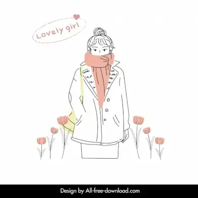 winter fashion design elements flat handdrawn cartoon lady sketch 