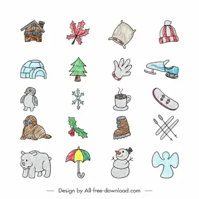 winter holiday icons sets flat handdrawn symbols sketch