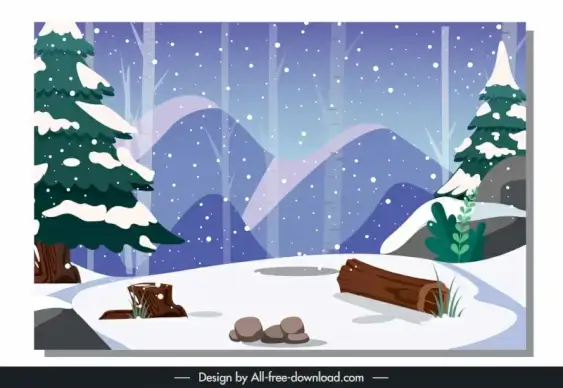  winter landscape backdrop hand drawn trees snowfall scene 