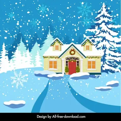 winter landscape backdrop template house fir tree snowflakes decor