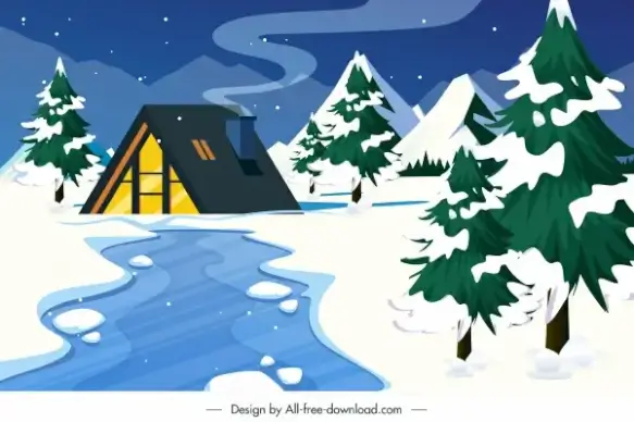 winter landscape background cottage snowy mountain scene