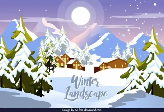 winter landscape background mountain village snowfall moonlight sketch