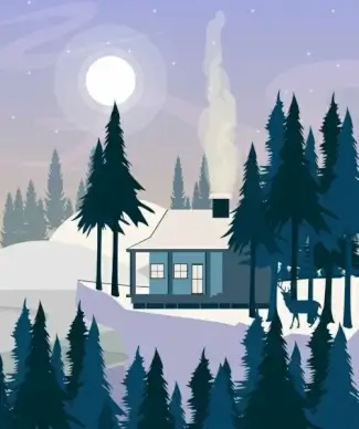 winter landscape painting cottage moonlight forest snow icons