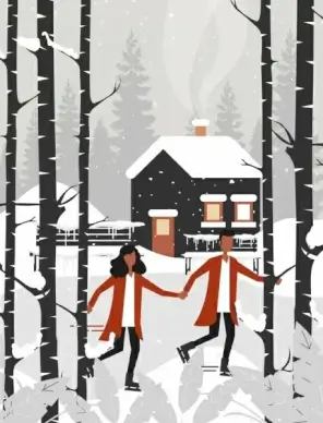 winter landscape painting snowfall couple cottage icons