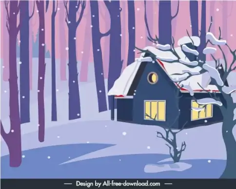 winter painting cottage snowy jungle sketch
