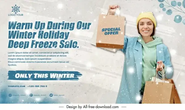  winter sale poster template dynamic shopping woman sketch