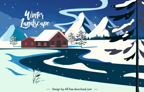 winter scene background cottage snowy mountain sketch