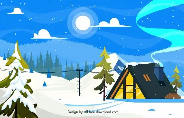 winter scene background cottage snowy sketch