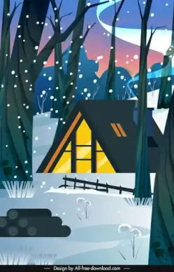 winter scene background forest cottage snowfall sketch