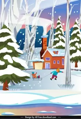 winter scene background playground kids sketch cartoon design