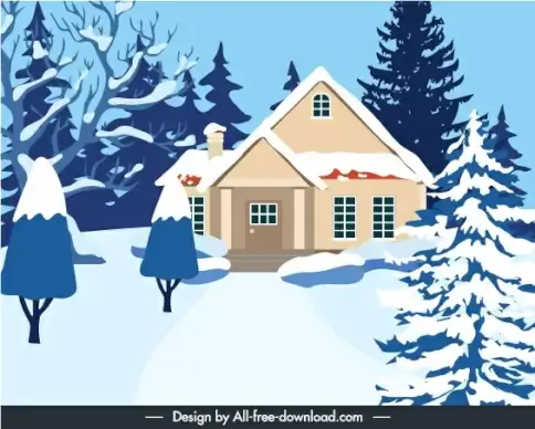 winter scene background snow house trees sketch