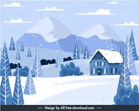 winter scene background snow mountain cottage trees sketch