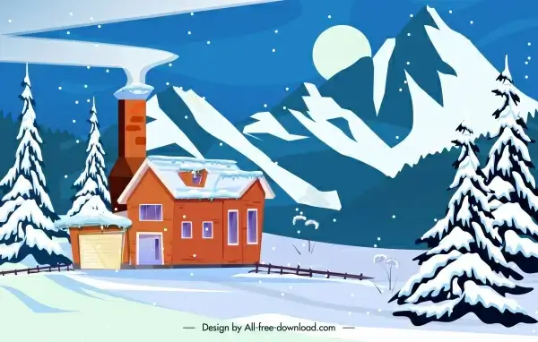 winter scene background snowy cottage mountain sketch