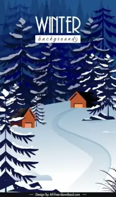 winter scenery background fir trees cottages sketch