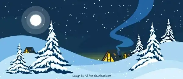 winter scenery background moon snowy cottage sketch