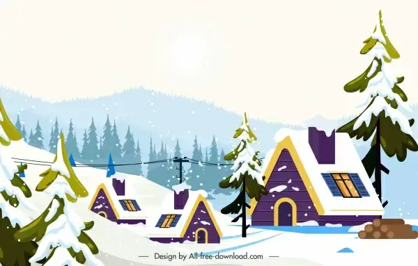 winter scenery background snow cottages sketch